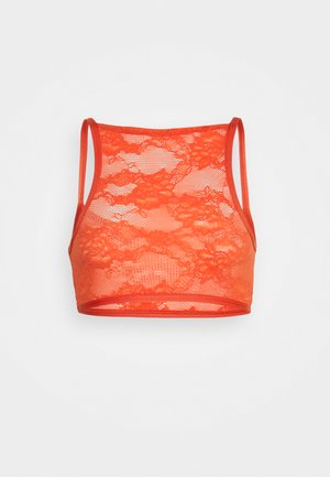 Spitzen-Bralette in leuchtendem Orange, mit floralem Muster, Netzdesign und dünnen Trägern, die an der Unterseite mit einem festen Band abschließen.