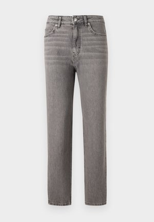 Gray denim jeans with a straight-cut design, mid-rise waist, five pockets, and subtle vertical stitching details. Smooth texture and lightweight.