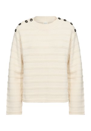Pulover crema cu modele de dungi orizontale, guler rotund și patru nasturi pe o umăr. Confecționat dintr-un material tricotat texturat.