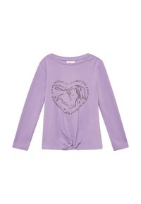 Paars longsleeve shirt met een geknoopte voorkant, voorzien van een paardenafbeelding en tekst in metallic zilver, gemaakt van zacht katoen.