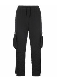 Schwarze gesteppte Cargo-Hosen mit elastischem Bund, verstellbarem Kordelzug und Seitentaschen. Texturiertes Material mit schmalem Schnitt.