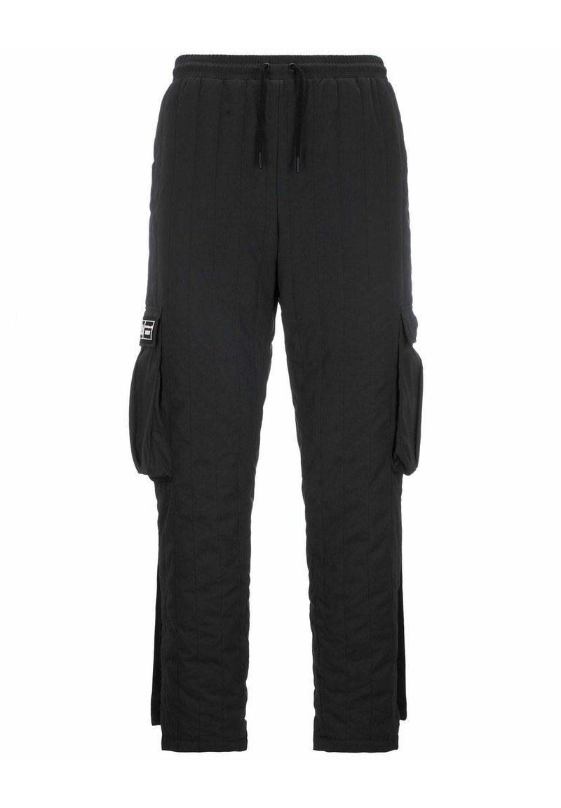 Schwarze gesteppte Cargo-Hosen mit elastischem Bund, verstellbarem Kordelzug und Seitentaschen. Texturiertes Material mit schmalem Schnitt.