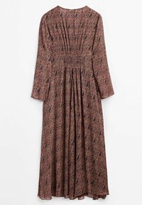 Robe midi à manches longues avec taille froncée et motif floral discret dans des tons marron, noir et beige, présentée à plat sur fond blanc.