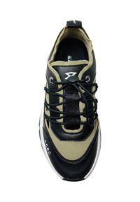 Sneaker with a black and olive green upper, featuring a woven lace system, textured leather, and a white logo accent on the side.