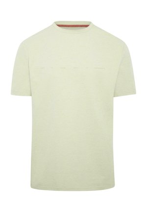 Lichtgroen T-shirt met korte mouwen gemaakt van zachte stof, met een ronde hals en subtiele tekstdetails op de borst.