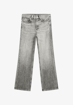 Grijze wijde jeans met een hoge taille, voorzien van vijf zakken, een vervaagde textuur en contrasterende stiksels. Klassiek denimontwerp.