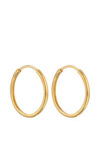 Guldhoopsörhängen med en slät, glänsande yta, som har en rund form och en enkel låsdesign. Inga synliga mönster eller detaljer.