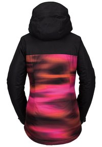 Veste pour femme présentant un haut noir avec un motif abstrait coloré rose et orange dans le bas du dos. Tissu texturé avec une capuche.