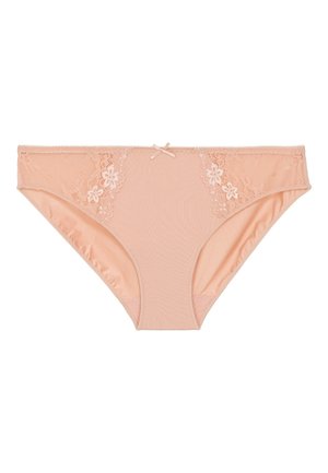 Peach-colored panties with floral lace accents on the sides, a smooth finish, and a small satin bow on the front center.
