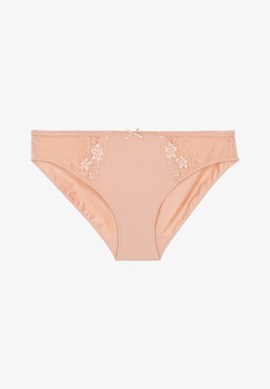 Culotte couleur pêche avec des accents de dentelle florale sur les côtés, une finition lisse et un petit nœud en satin au centre devant.