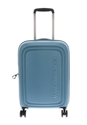 Valise rigide bleue avec quatre roues pivotantes et une poignée télescopique noire et argentée étendue.