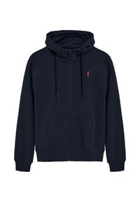 Sudadera con cremallera en color navy confeccionada en algodón, con un bolsillo delantero tipo pouch, capucha ajustable con cordones y un pequeño logo rojo en el lado izquierdo del pecho.