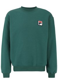 Felpa verde realizzata in tessuto testurizzato, con scollo rotondo, maniche lunghe e una piccola patch con logo ricamato sul petto.