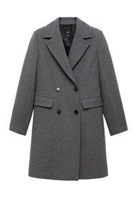 Double-breasted gray wool coat featuring a notched collar, front pockets, and black buttons. Straight cut with long sleeves, minimalistic design.