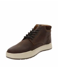 Stivaletto in pelle marrone con punta tonda, suola beige a contrasto, design con lacci e una finitura liscia. Presenta accenti di cucitura sottili.