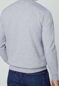 Grå sweatshirt med rund halsudskæring, lange ærmer og ribstrikkede manchetter. Blødt bomuldsblandingsstof, pænt afsluttede sømme, båret med mørkeblå jeans.