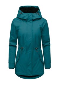 Giacca impermeabile turchese con cappuccio foderato in pile, stringhe regolabili e tasche laterali; texture liscia; progettata per il freddo.