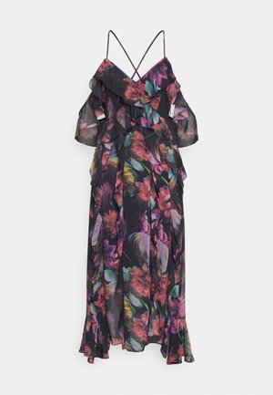 Sort maxikjole med blomstermønster, flæsekantede ærmer med bare skuldre og tynde krydsede stropper på ryggen.