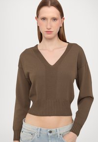 Brązowy sweter o kroju crop z dekoltem w kształcie V, prążkowanym dołem i długimi rękawami, charakteryzujący się gładką teksturą i subtelnymi pionowymi liniami.