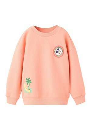 Sweatshirt couleur pêche avec col et poignets côtelés, arborant un patch Mickey Mouse « Summer of Fun » et un petit motif de palmier et banane.