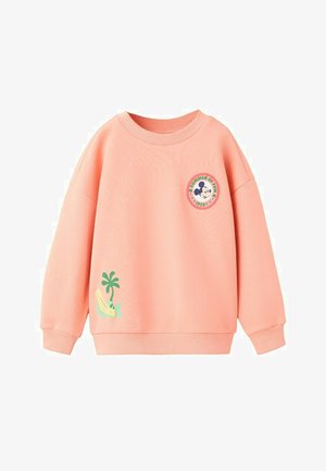 Sweatshirt couleur pêche avec col et poignets côtelés, arborant un patch Mickey Mouse « Summer of Fun » et un petit motif de palmier et banane.