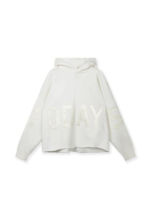 Weißer, kurzer Kapuzenpullover mit großen, strukturierten "TODAY"-Schriftzügen in einem helleren Farbton. Verfügt über eine klassische Kapuze und eine lockere Passform mit überschnittenen Schultern.