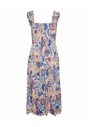Robe longue sans manches à étages avec bretelles à volants et imprimé floral bleu, rouge et beige sur fond clair.