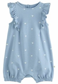 Romper azzurro chiaro con motivi di cuori bianchi, bordi delle spalle arricciati e orlo inferiore elasticizzato per una vestibilità comoda.
