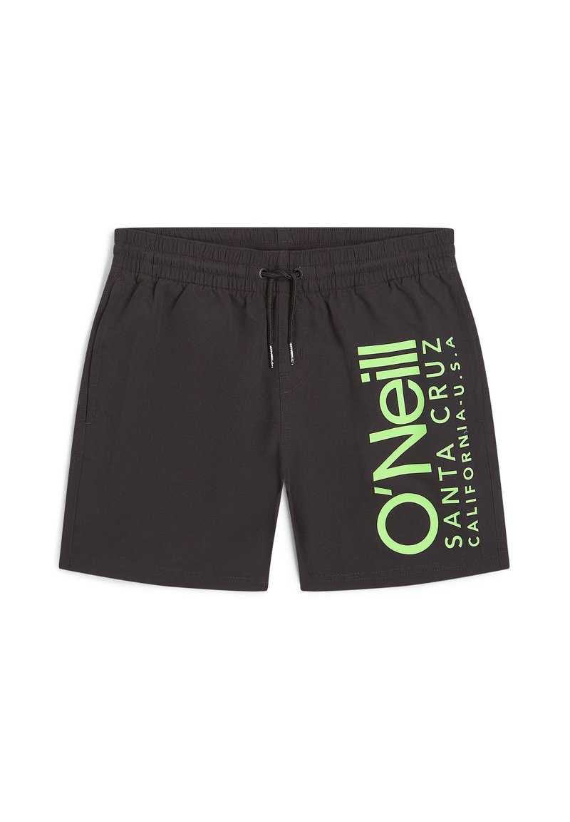 Shorts de bain noirs en matériau léger, avec un logo graphique vert sur le côté et une taille avec cordon de serrage ajustable.