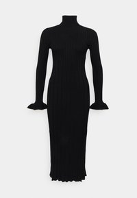 Černé žebrované pletené šaty s vysokým výstřihem, dlouhými rukávy a rozšířenými manžetami, s těsným střihem a délkou po lýtka.