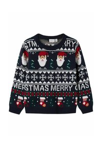 Maglione lavorato a maglia blu navy con volti di Babbo Natale, fiocchi di neve e motivi natalizi in rosso, verde e bianco. Collo rotondo, maniche lunghe, tessuto texturizzato.