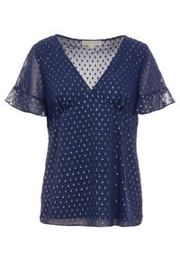 Blusa blu navy con scollo a V, maniche corte a volant e motivo a pois con accenti metallici. Tessuto leggero e fluente.