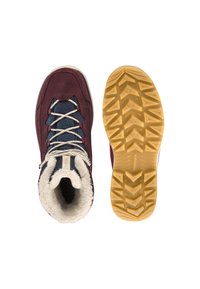 Bordeaux kleurige wandelschoenen met een nepbont kraag, witte veters en blauwe gaasaccenten; structuur rubberen zool met een honingraatraster.