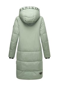 Light green, padded long coat with a hood. Features logo on the hood, elastic cuffs, and a textured fabric with a smooth surface.