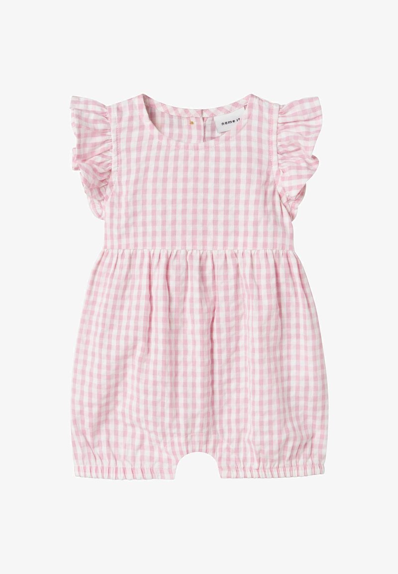Rosa Gingham-Overall mit Rüschensäumen, gerafftem Bund und Shorts-Schnitt. Weicher Baumwollstoff mit elastischen Säumen.