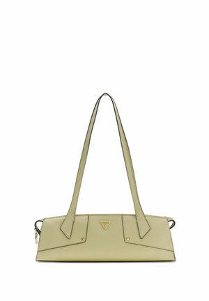 Sac à bandoulière rectangulaire beige avec longues bretelles, ferrures dorées, et une petite plaque de logo triangulaire au centre avant.