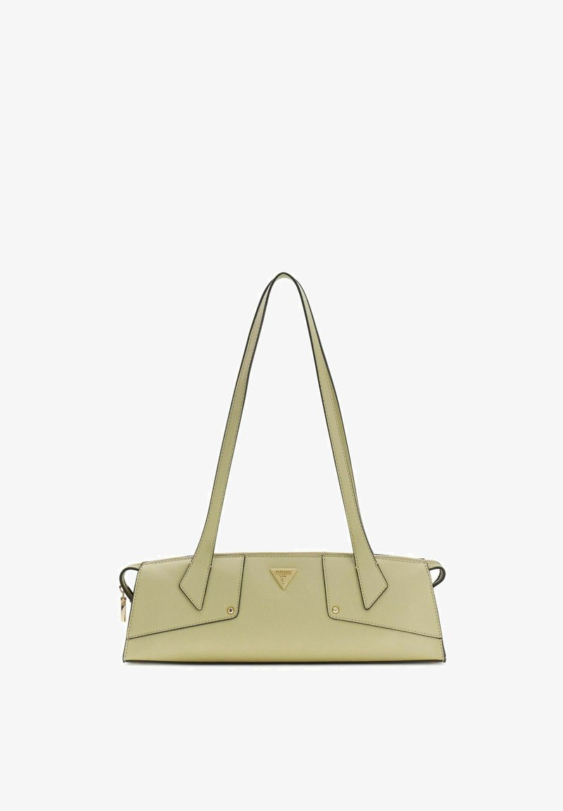 Sac à bandoulière rectangulaire beige avec longues bretelles, ferrures dorées, et une petite plaque de logo triangulaire au centre avant.