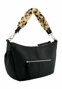 Sac à main en cuir noir avec une bandoulière texturée léopard beige et noir. Comprend des accessoires en métal argenté et une poche zippée à l'avant.