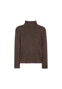 Brauner Strick-Turtleneck-Pullover mit langen Ärmeln, der eine gerippte Textur und dezente metallische Fäden im Material aufweist.