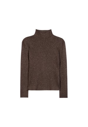 Brauner Strick-Turtleneck-Pullover mit langen Ärmeln, der eine gerippte Textur und dezente metallische Fäden im Material aufweist.