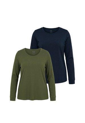 Two long-sleeve crew neck shirts, one olive green in front and one navy blue behind, displayed on a white background.