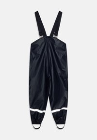 Zwarte waterdichte overalls met verstelbare banden, reflecterende witte accenten, elastische manchetten en een gladde, glanzende textuur.