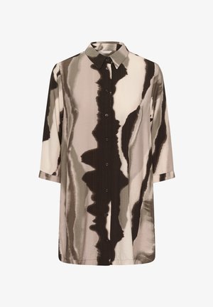 Robe-chemise boutonnée à manches longues avec motifs verticaux abstraits en brun, beige et taupe, et col pointu.