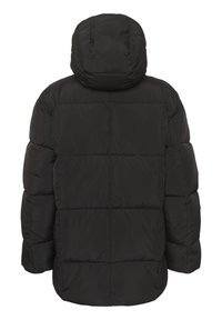 Svart puffjacka med huva, quiltat mönster och mjuk textur, rundad nederkant och elastiska ärmmuddar.