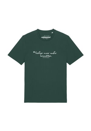 T-shirt vert foncé à manches courtes avec texte blanc en style manuscrit en allemand sur le devant disant "Früher war mehr Lametta."