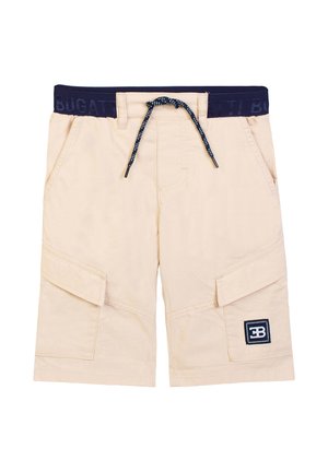 Beige cargo shorts with navy elastic waistband, navy drawstring, side pockets, and a black patch with white "EB" logo on left leg.
