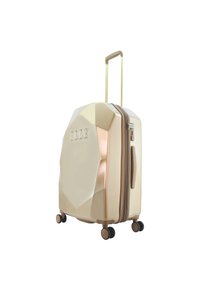 Gold hard-shell suitcase with a geometric design; features a retractable handle, dual wheels, and a zipper closure. Brand name "Elle" embossed.