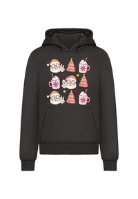Dunkelgrauer Hoodie mit festlichen Grafiken: Weihnachtsmann-Gesichter, Weihnachtsbäume und Tassen mit heißem Kakao, gemustert in lebhaften Farben.