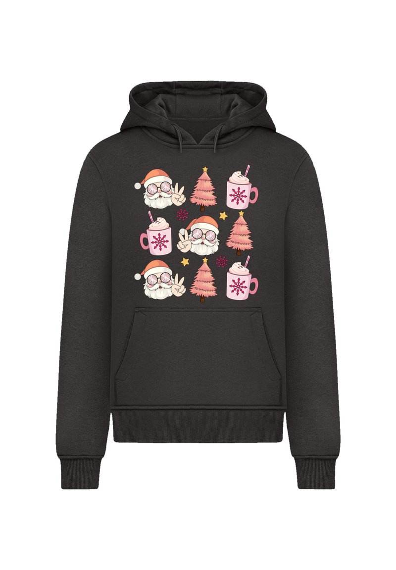 Dunkelgrauer Hoodie mit festlichen Grafiken: Weihnachtsmann-Gesichter, Weihnachtsbäume und Tassen mit heißem Kakao, gemustert in lebhaften Farben.