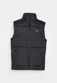 Černá nafukovací vesta s vysokým límcem, zapínáním na přední zip a dvěma bočními kapsami. Na hrudi je malá vyšívaná značka.